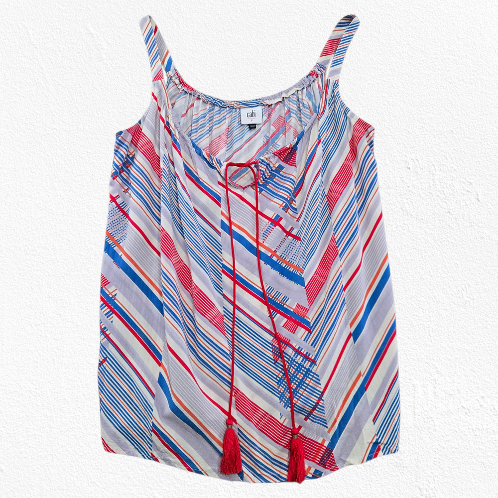 CAbi White Blue Striped Tassel Tie SleevelessTank Top Size Small Style 5230